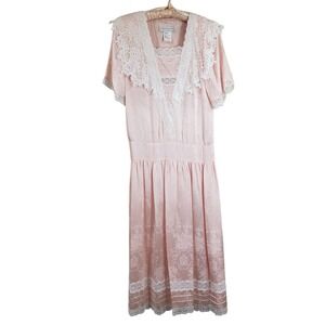 VTG Jessica McClintock Size 4 Small Pink Lace Silk Victorian Pleated Midi Dress